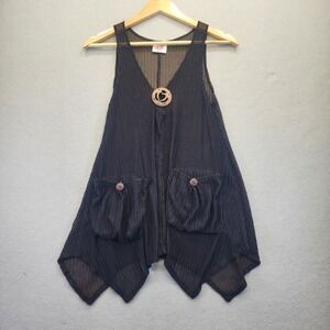 Vintage Aloha Black Mesh Knit Vest Handkerchief Hem Wooden Ring Boho Women‎ S M